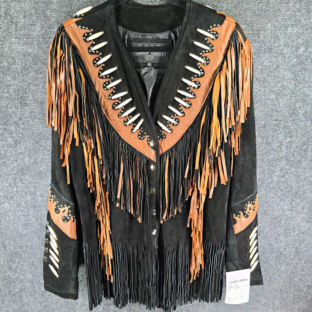 Leather Gallery Women's XL Cow Suede Leather Fringe Western Jacket Black Brown